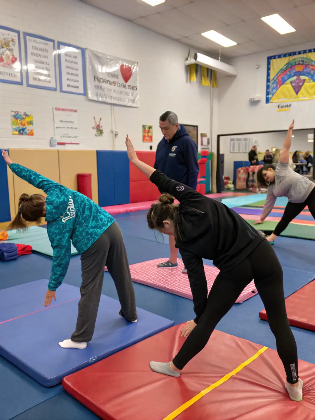 Adults participating in a fitness-focused gymnastics class, improving their strength, flexibility, and overall fitness levels in a supportive environment.