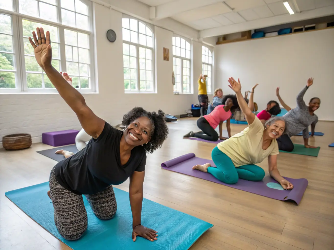 An image of adults participating in a fitness class, performing exercises that promote overall health and well-being, with an instructor leading the session.
