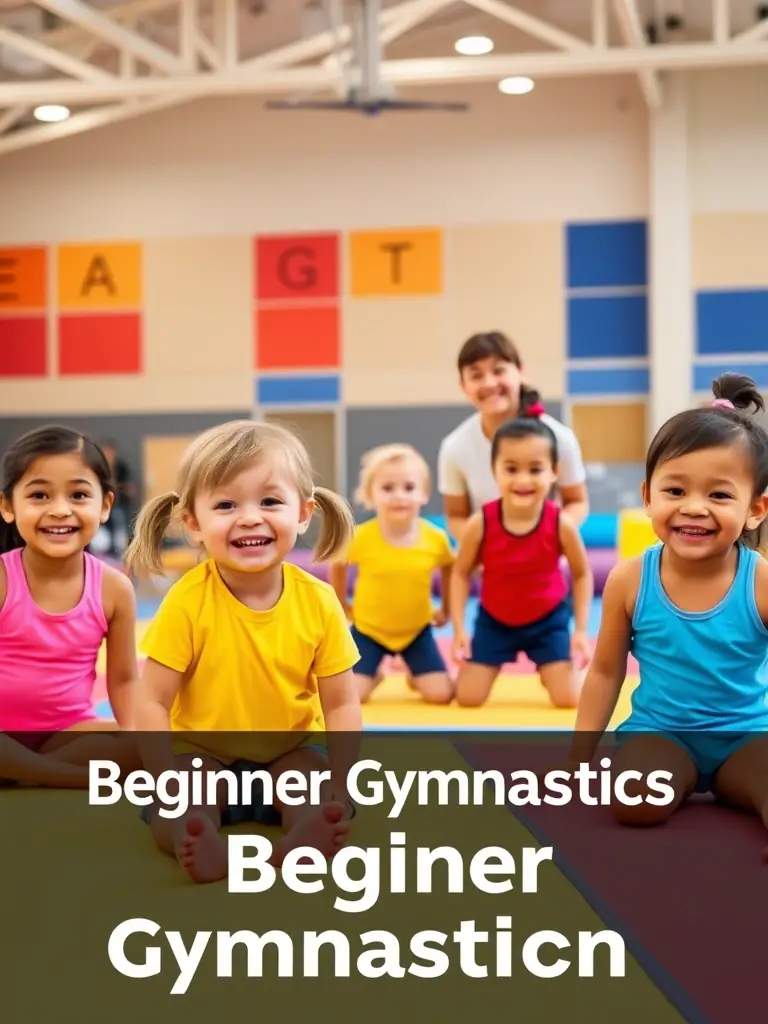 A group of young children participating in a beginner's gymnastics class, learning basic tumbling skills with the guidance of an instructor in a brightly lit gymnasium.