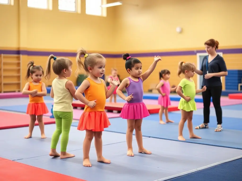 A group of young children participating in a beginner's gymnastics class, focusing on basic movements and coordination, with a coach providing guidance in a safe and supportive environment.