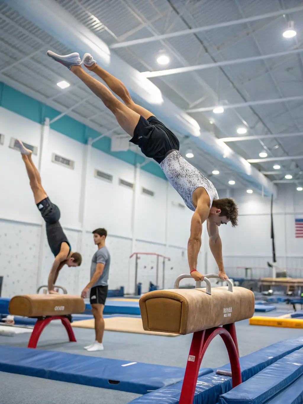 Teenagers practicing advanced gymnastics routines on the balance beam, showcasing their skill and precision in a competitive setting.